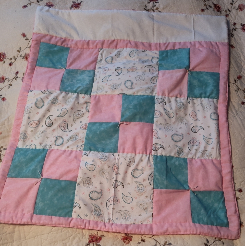 Handmade Patchwork Baby Quilt in Pink, Teal & White Cotton Soft White Flannel